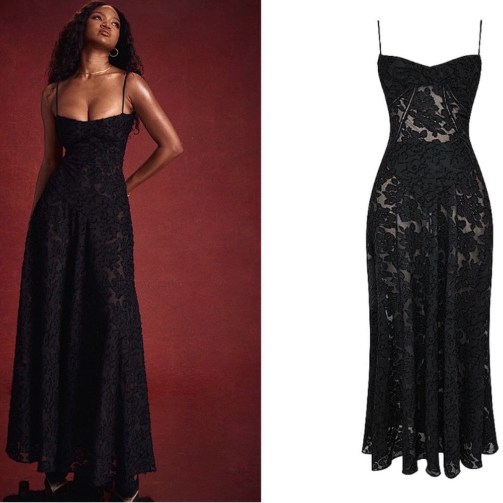 HOUSE of CB SEREN Black Floral Lace Back Maxi Dress size M